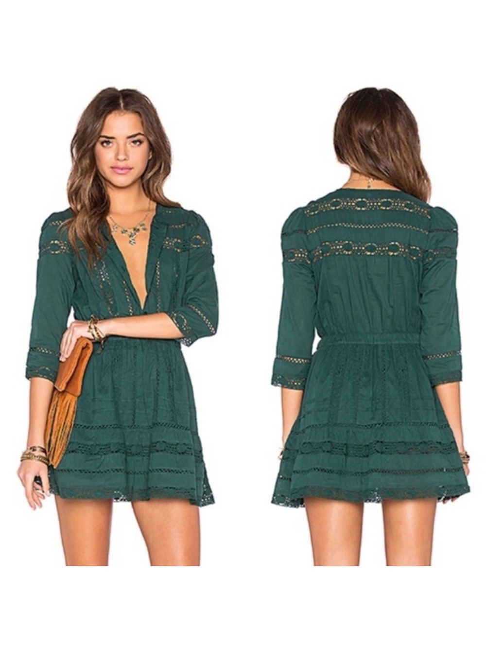 Tularosa Revolve Payton Lace Mini Dress Hunter Green Boho 3/4 Sleeve Small